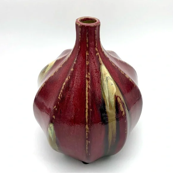 Studio Pottery Glazed Gourd Vase Chinese Oxblood Flambé Style Signed On Bottom